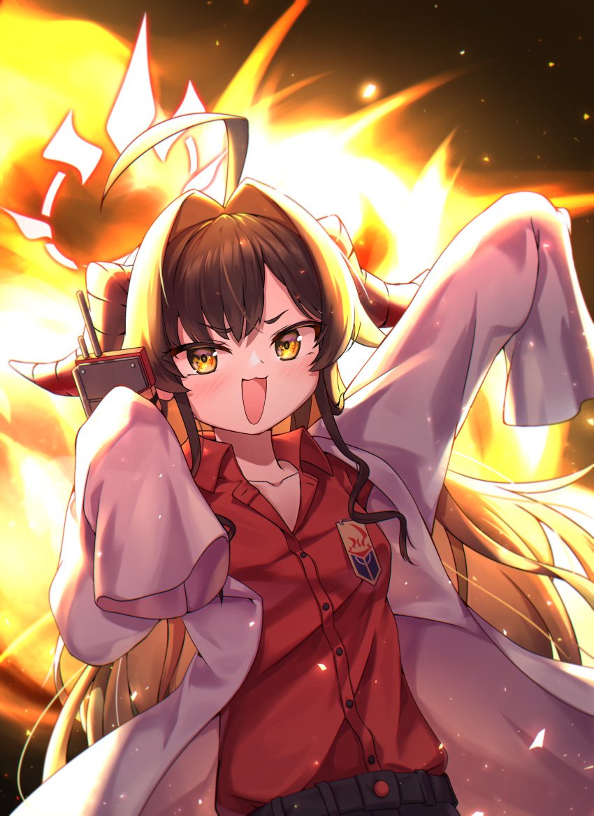 1girl absurdres ahoge black_hair black_horns black_shorts blue_archive blush collarbone collared_shirt demon_horns hair_intakes halo highres horns kasumi_(blue_archive) long_hair open_mouth red_halo red_shirt shirt shorts sleeves_past_fingers sleeves_past_wrists smile solo ssalyun walkie-talkie yellow_eyes