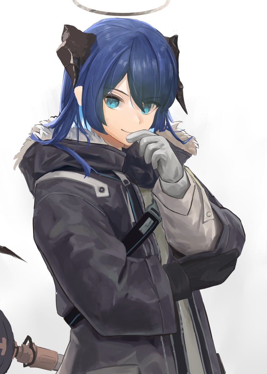 1girl absurdres arknights asymmetrical_gloves black_gloves black_jacket blue_eyes blue_hair commentary gloves grey_gloves halo highres horns jacket long_hair long_sleeves looking_at_viewer mismatched_gloves mostima_(arknights) simple_background solo upper_body uzurako white_background