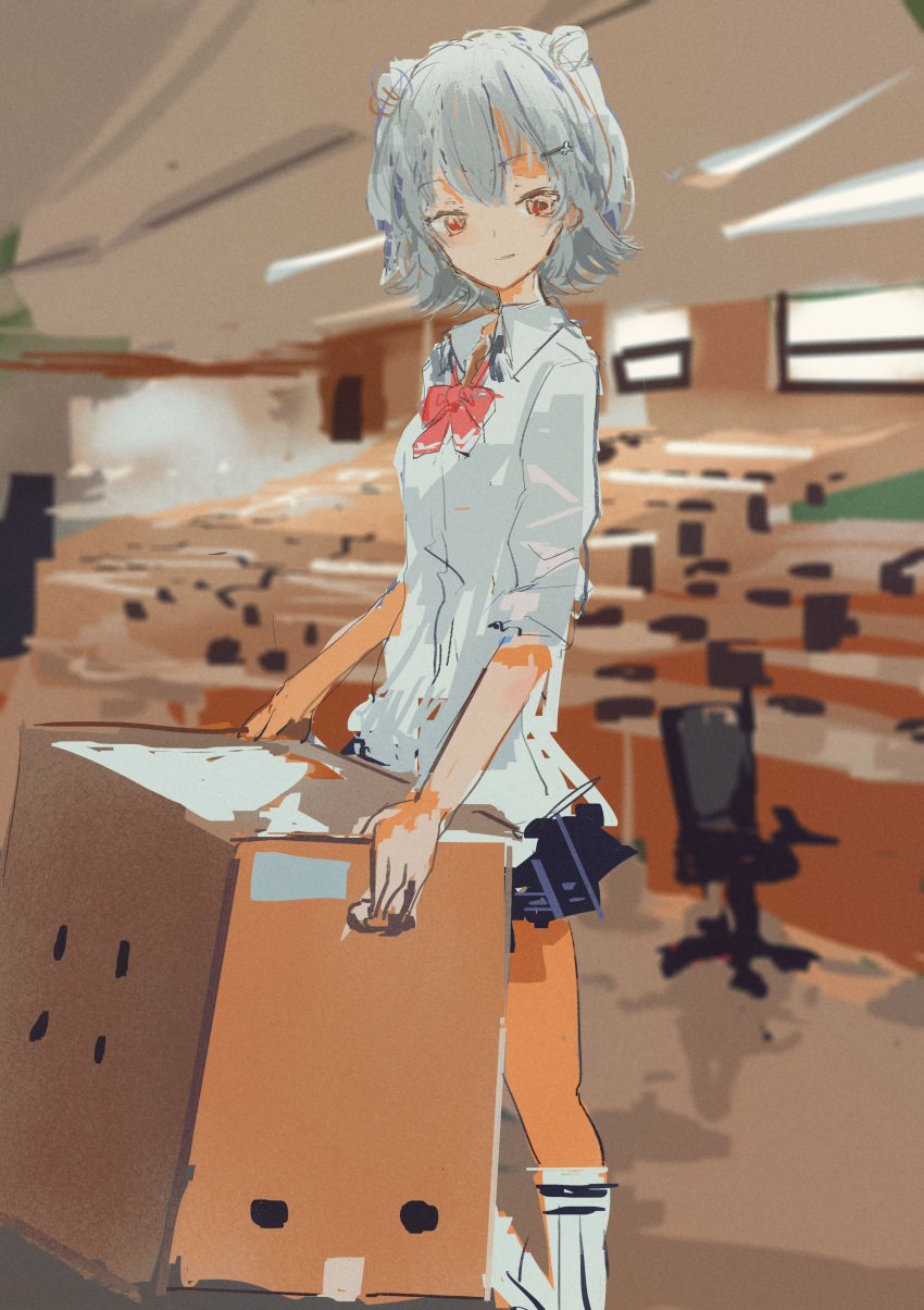1girl absurdres blue_skirt blurry blurry_background carrying cevio chair classroom closed_mouth collared_shirt commentary_request day double_bun dress_shirt feet_out_of_frame flipped_hair grey_hair hair_bun highres indoors kabuyama_kaigi kneehighs koharu_rikka looking_at_viewer miniskirt no_jacket object_request office_chair overexposure pleated_skirt red_eyes school_uniform shirt short_hair skirt smile socks solo standing swivel_chair synthesizer_v white_shirt white_socks window