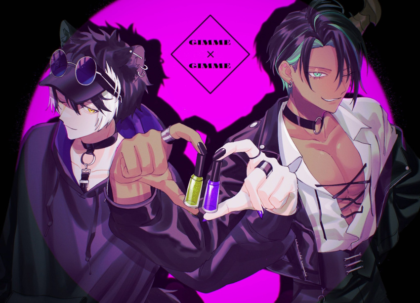 2boys ;) animal_ear_piercing animal_ears aragami_oga barbell_piercing belt black_belt black_collar black_corset black_hair black_hoodie black_jacket black_nails black_pants collar corset cropped_jacket cross-laced_clothes curtained_hair dark-skinned_male dark_skin earrings eyewear_on_head fingernails gimmexgimme_(vocaloid) green_eyes green_hair green_nails hair_behind_ear hair_between_eyes hand_on_own_hip hand_up heart heart_hands heart_hands_duo high-waist_pants highres holding holostars hood hood_down hoodie horns jackal_boy jackal_ears jackal_tail jacket jewelry kageyama_shien lapels leash looking_at_viewer mafia_(holostars) male_focus midriff_peek momiage_40 multicolored_hair multicolored_nails multiple_boys multiple_rings nail_polish nail_polish_bottle notched_lapels o-ring_collar off_shoulder official_alternate_costume one_eye_closed open_clothes open_jacket pants parted_lips partially_unbuttoned pectoral_cleavage pectorals piercing pink_background purple-tinted_eyewear purple_nails ring round_eyewear sharp_fingernails shirt short_hair single_horn smile spotlight streaked_hair swept_bangs tail tinted_eyewear two-tone_hair upper_body virtual_youtuber visor_cap white_hair white_pants white_shirt yellow_eyes zipper zipper_pull_tab
