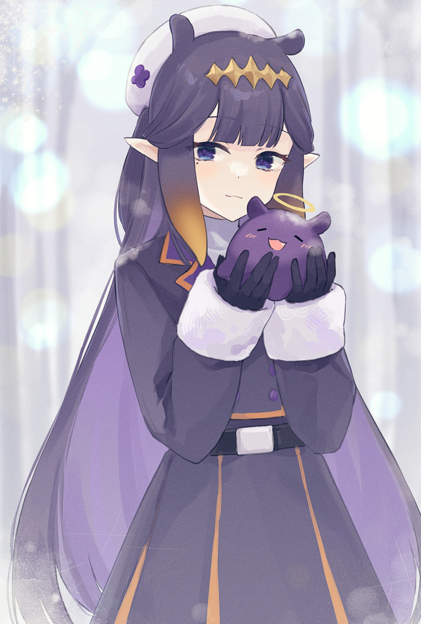1girl :3 beret black_hair blue_eyes colored_inner_hair cropped_jacket fur-trimmed_sleeves fur_trim gloves hat headpiece highres holding hololive hololive_english kotake_8 long_hair long_sleeves looking_at_viewer mole mole_under_eye multicolored_hair ninomae_ina'nis octopus orange_hair pointy_ears purple_hair skirt smile solo takodachi_(ninomae_ina'nis) tentacle_hair very_long_hair virtual_youtuber