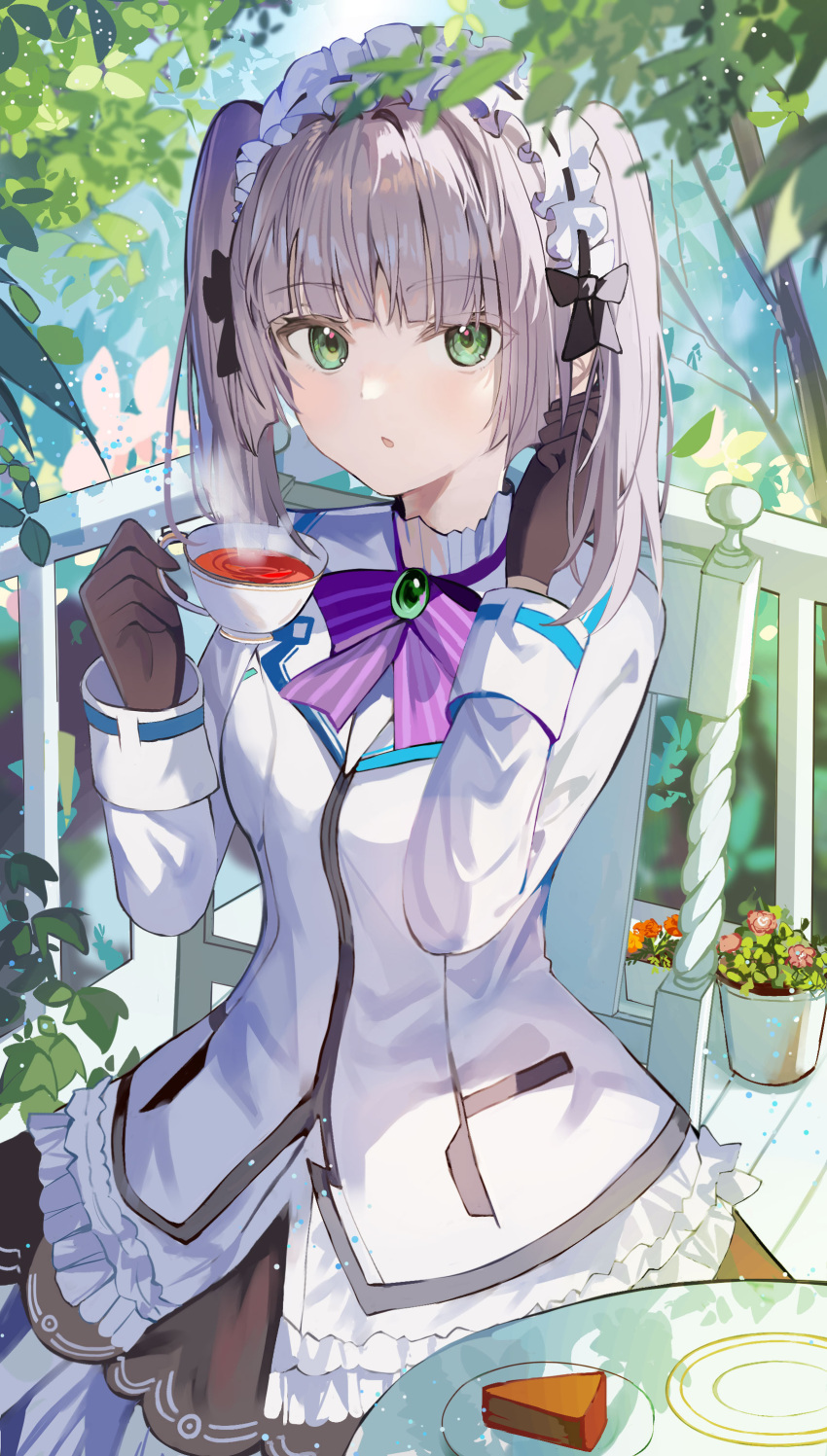 1girl absurdres adjusting_hair aroa_(aroamoyasi) black_gloves blunt_bangs bow bowtie breasts brooch cup gloves green_eyes grey_hair hairband heaven_burns_red highres holding holding_cup jacket jewelry lolita_hairband long_sleeves looking_at_viewer medium_breasts medium_hair outdoors parted_lips purple_bow purple_bowtie school_uniform second-party_source sitting sleeve_cuffs solo steam sugawara_chie tea teacup twintails upper_body white_jacket