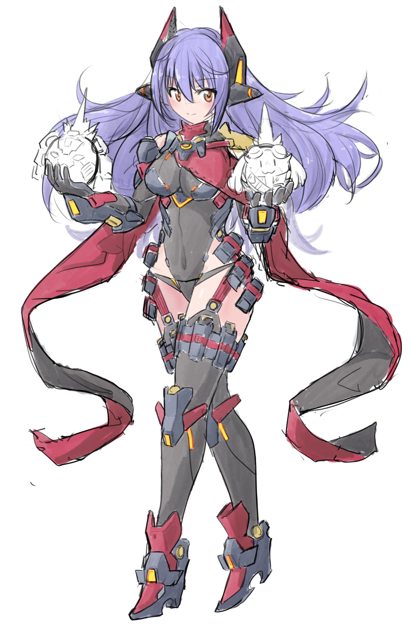 1girl absurdres breasts character_request copyright_request covered_navel fukkatsu_saisei_kaijin full_body gloves highres looking_at_viewer medium_breasts orange_eyes poppi_(xenoblade) poppi_qtpi_(xenoblade) purple_hair red_footwear simple_background sketch smile solo thighs tora_(xenoblade_2) xenoblade_chronicles_(series) xenoblade_chronicles_2