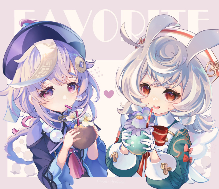 2girls aqua_dress bead_necklace beads bow bowtie braid braided_ponytail coconut_cup coin_hair_ornament cropped_torso cup dress drinking drinking_straw earrings genshin_impact gloves grey_hair hair_ears hair_ornament hands_up hat heart highres holding holding_cup hoshiusagi_no_chloe jewelry long_hair long_sleeves looking_at_viewer low_twintails milkshake multiple_girls necklace nurse_cap ofuda_on_head open_mouth pink_background purple_hair purple_headwear qingdai_guanmao qiqi_(genshin_impact) red_bow red_bowtie red_eyes short_hair sigewinne_(genshin_impact) smile stud_earrings tassel twintails violet_eyes white_gloves white_headwear