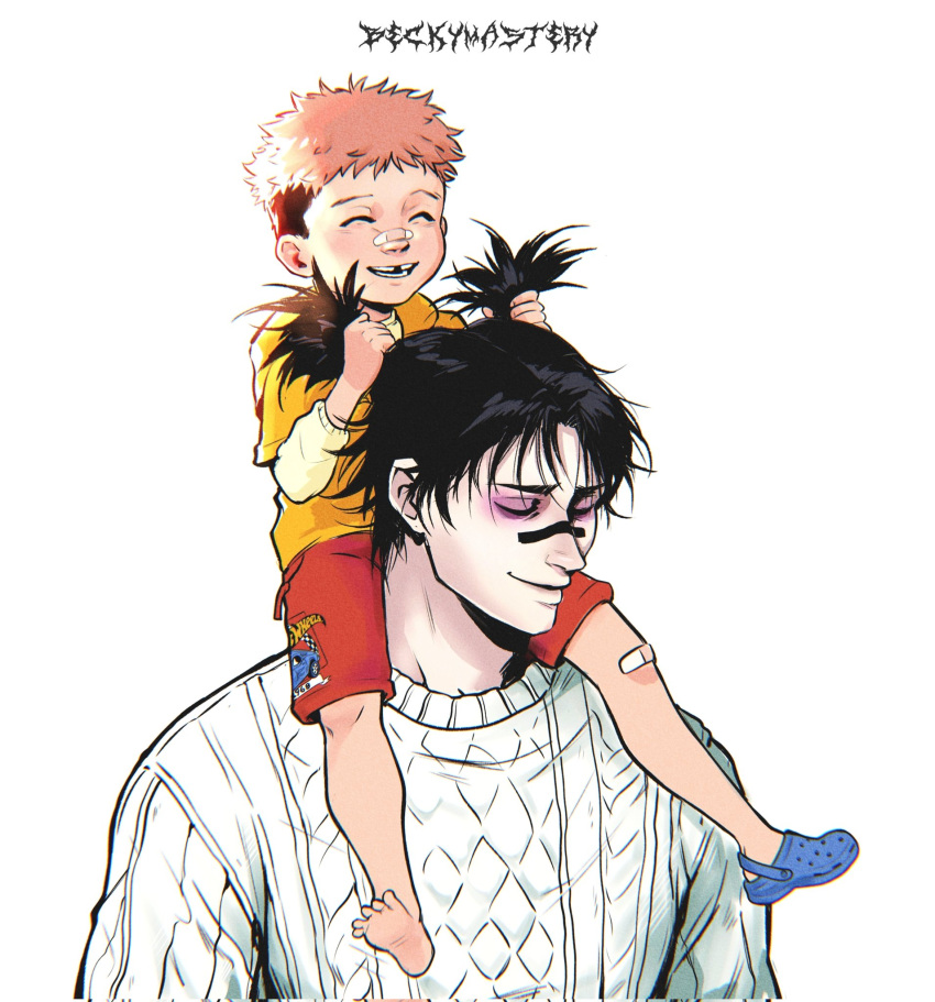 2boys aged_down artist_name bandaid bandaid_on_face bandaid_on_knee bandaid_on_leg bandaid_on_nose beckymastery black_hair carrying child choso_(jujutsu_kaisen) closed_eyes commentary corrupted_twitter_file crocs eyeshadow grabbing_another's_hair highres hood hoodie hot_wheels itadori_yuuji jujutsu_kaisen makeup male_focus missing_tooth multicolored_hair multiple_boys open_mouth orange_hoodie pink_eyeshadow pink_hair red_shorts shoes shorts shoulder_carry single_shoe smile sweater two-tone_hair white_sweater