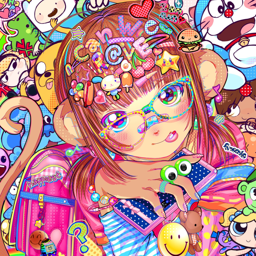 3girls 5boys ? adventure_time animal_ears backpack bag bag_charm bandaid bandaid_on_face bandaid_on_nose blooregard_q_kazoo blue's_clues blue_(blue's_clues) brown_hair bubbles_(ppg) burger cellphone cellphone_charm charm_(object) closed_mouth doraemon doraemon_(character) english_text finn_the_human food food-themed_hair_ornament foster's_home_for_imaginary_friends glasses gravyalloverhim hair_ornament happy_tree_friends heart heart_hair_ornament highres holding holding_phone jake_the_dog jewelry looking_at_viewer mac_(foster's) mandy_(grim_adventures) monkey_ears monkey_girl monkey_tail multiple_boys multiple_girls nail_polish original phone pill pill_on_tongue pink_bag powerpuff_girls raver ring short_twintails smartphone smile star_(symbol) star_hair_ornament tail text_hair_ornament the_grim_adventures_of_billy_&amp;_mandy tongue tongue_out too_many_hair_ornaments twintails