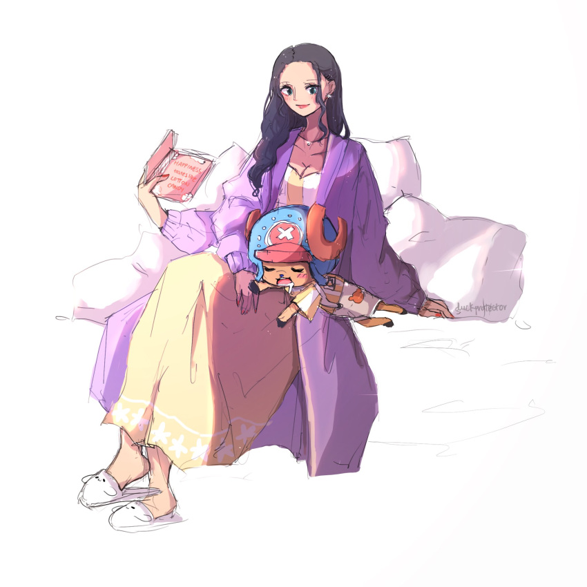 1boy 1girl antlers bathrobe book commentary dress duckprotector26 earrings english_commentary extra_arms hat highres holding holding_book jewelry long_hair necklace nico_robin one_piece pillow reindeer_antlers sidelocks sleeping sleeping_on_person slippers smile tony_tony_chopper