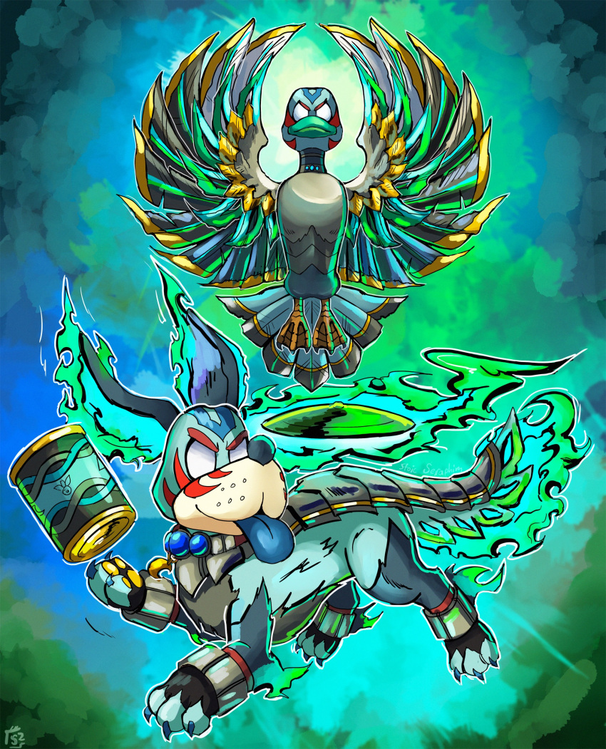 alternate_color alternate_costume alternate_eye_color alternate_weapon animal_hands armor aura bird blue_fur blue_gemstone blue_tongue can colored_tongue company_connection corruption crossover dark_persona dog dog_(duck_hunt) dog_paws double_helix dual_persona duck duck_(duck_hunt) duck_hunt evil_smile facial_tattoo fierce_deity frisbee frown gem glowing highres looking_at_viewer multicolored_fur nintendo no_pupils possessed smile stoic_seraphim super_smash_bros. tattoo the_legend_of_zelda the_legend_of_zelda:_majora's_mask tongue tongue_out weapon white_eyes white_fur