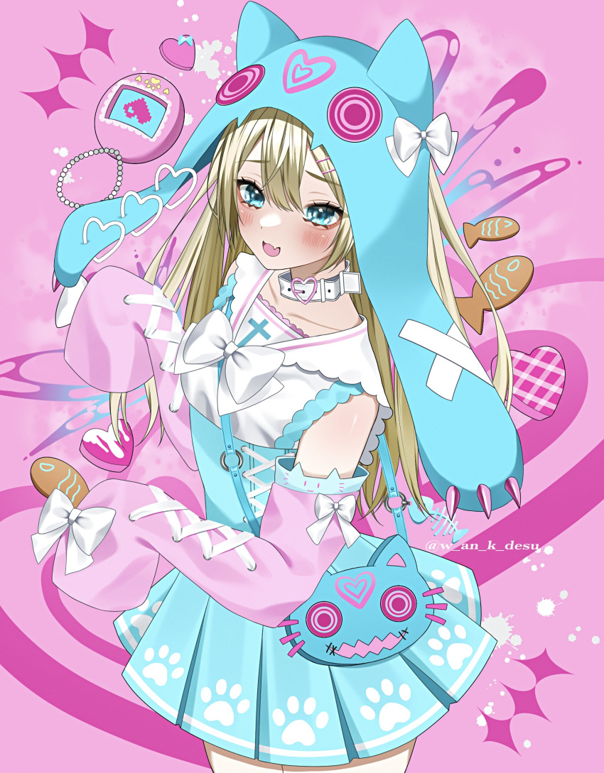 1girl animal-themed_food animal_bag animal_hat bag blonde_hair blue_eyes blush bow bowtie buckle cat_bag collar cross-laced_clothes cross-laced_sleeves detached_sleeves dress fang fish hair_ornament hairclip hat heart heart-shaped_buckle highres long_hair long_sleeves looking_at_viewer open_mouth original paw_print pinafore_dress pink_background pleated_dress sailor_collar shoulder_bag skin_fang sleeveless sleeveless_dress sleeves_past_fingers sleeves_past_wrists smile solo tamagotchi very_long_hair wanko_(yurika0320)
