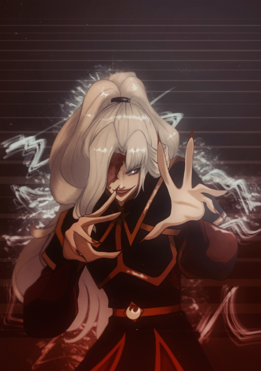 1girl 7villian7 armor avatar:_the_last_airbender avatar_legends azula azula_(cosplay) black_nails blonde_hair cosplay cowboy_shot evil_grin evil_smile genshin_impact grin highres red_lips signora_(genshin_impact) smile solo stairs swept_bangs tagme upper_body