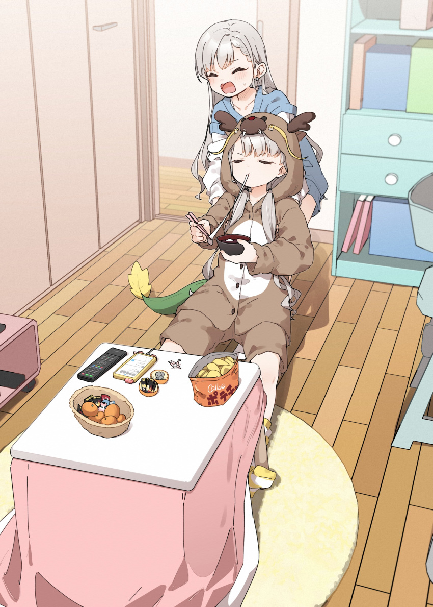 2girls absurdres animal_costume animal_ears antlers bag_of_chips blue_sweater blush bowl braid braided_bangs brown_jacket brown_shorts cellphone charger chinese_zodiac chips_(food) chopsticks closed_eyes closed_mouth commentary_request controller dragon_tail earrings eating fake_animal_ears food grey_hair highres hisakawa_hayate hisakawa_nagi holding holding_bowl holding_chopsticks hood hood_up hooded_jacket idolmaster idolmaster_cinderella_girls indoors jacket jewelry long_hair long_sleeves mochi mochi_trail multiple_girls no_shoes open_mouth origami paper_crane phone potato_chips puffy_long_sleeves puffy_sleeves reindeer_antlers reindeer_costume remote_control shirt shorts siblings sisters socks striped striped_socks sweat sweater tail twins v-shaped_eyebrows very_long_hair white_shirt wooden_floor year_of_the_dragon yukie_(kusaka_shi)