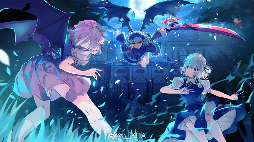 4girls bare_arms bat_wings battle between_fingers black_bow black_bowtie black_dress black_hairband black_ribbon black_sleeves black_wings blonde_hair blue_devil_in_the_belvedere. blue_dress blue_eyes bow bowtie breasts brooch character_request chinese_commentary closed_mouth clothes_lift clouds collared_shirt commentary_request cross crystal_wings dress dress_bow expressionless fighting flandre_scarlet flying frilled_dress frilled_hairband frilled_sleeves frills from_behind frown full_moon glowing glowing_eyes gothic_lolita grass grey_hair hair_ribbon hairband hat highres holding holding_knife holding_sword holding_weapon huge_weapon izayoi_sakuya jewelry kita_(kitairoha) kneehighs knife large_breasts lolita_fashion lolita_hairband long_sleeves looking_at_viewer maid maid_headdress mansion medium_dress mob_cap moon multiple_girls nail_polish night original outdoors outstretched_arms petals pink_dress pink_sleeves puffy_short_sleeves puffy_sleeves red_bow red_dress red_eyes red_nails remilia_scarlet ribbon shirt short_hair short_sleeves siblings sisters skirt skirt_lift sleeveless sleeveless_dress socks sword thigh-highs torn_wings touhou watermark weapon weibo_logo weibo_username white_hair white_headdress white_headwear white_sleeves white_socks white_thighhighs wings