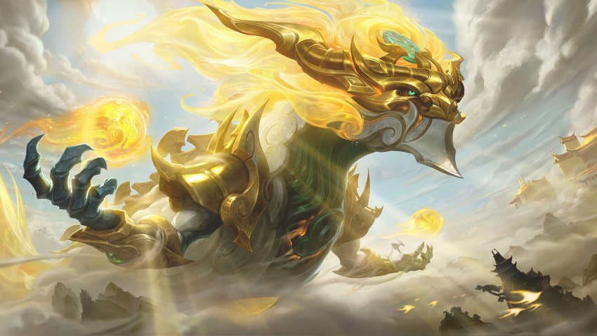 aurelion_sol_(league_of_legends) blonde_hair claws clouds dragon dust english_commentary flying green_eyes highres league_of_legends league_of_legends:_wild_rift looking_ahead lunar_guardian_aurelion_sol mountain official_alternate_costume official_alternate_hairstyle official_art outdoors solo sunlight temple
