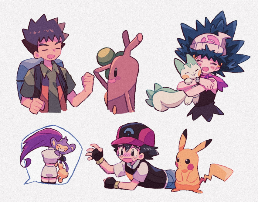 2boys 2girls aipom alternate_hairstyle animal_hug arm_up arms_up ash_ketchum backpack bag baseball_cap beanie black_eyes black_gloves black_hair black_shirt black_thighhighs black_vest blue_bag blue_hair blue_pants blush_stickers bracelet bright_pupils brock_(pokemon) brown_hair buck_teeth clenched_hands closed_eyes collared_shirt commentary crop_top cropped_torso facing_away fingerless_gloves gloves goodbye green_shirt grey_background hair_ornament hand_on_own_forehead hand_up happy hat highres hikari_(pokemon) hug jessie_(pokemon) jewelry long_hair looking_at_another lying mgomurainu miniskirt monkey multicolored_clothes multicolored_headwear multiple_boys multiple_girls on_stomach open_mouth orange_vest pachirisu pants pikachu pink_scarf pokemon pokemon_(anime) pokemon_(creature) pokemon_dppt_(anime) purple_hair reaching scarf shirt short_hair simple_background skirt sleeveless sleeveless_shirt spiky_hair squirrel standing static_electricity sudowoodo tearing_up teeth thigh-highs upper_body vest waving white_headwear white_shirt white_skirt