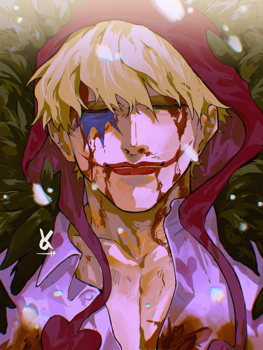 1boy bishounen blonde_hair blood blood_from_mouth blood_on_clothes blood_on_face closed_eyes coat donquixote_rocinante feather_coat fur_coat hat heart heart_print highres hood makeup male_focus one_piece red_hood shirt smile snow solo vasan5555