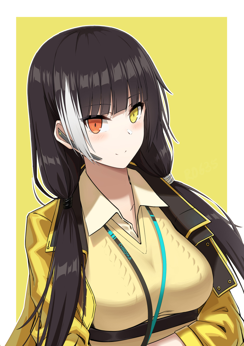 1girl absurdres black_hair breasts chest_harness collared_shirt girls_frontline harness heterochromia highres jacket jiafei2o3 lanyard large_breasts long_hair looking_at_viewer low_twintails multicolored_hair orange_eyes ro635_(girls'_frontline) shirt smile solo streaked_hair sweater twintails white_hair yellow_background yellow_eyes yellow_jacket yellow_sweater