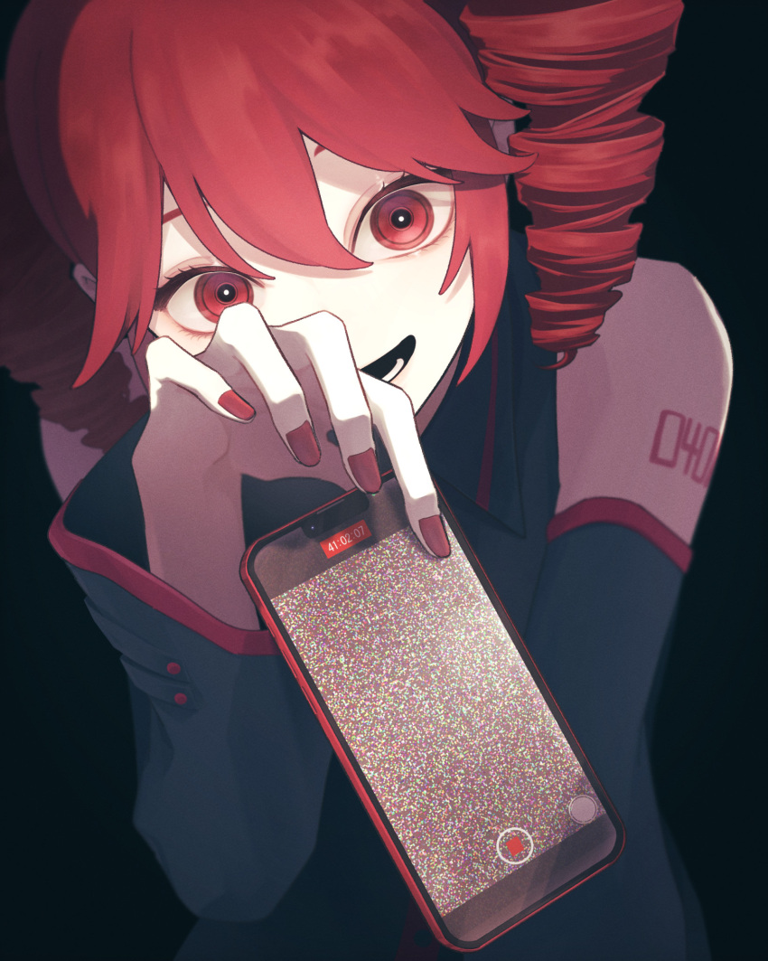 1girl black_background cellphone_photo clip_studio_paint_(medium) collared_shirt crazy_eyes detached_sleeves drill_hair grey_shirt grey_sleeves highres hito_mania_(utau) holding holding_phone kasane_teto looking_at_viewer making-of_available medium_hair narse open_mouth phone red_eyes red_nails redhead shirt sleeveless sleeveless_shirt smile solo static upper_body utau