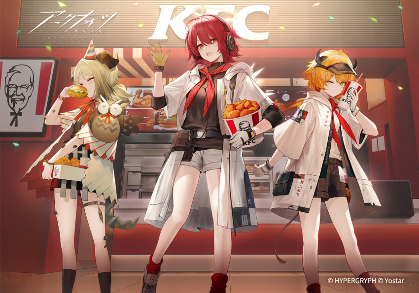 3girls arknights bucket_of_chicken burger chicken_(food) chicken_leg colonel_sanders croissant_(arknights) croissant_(seven_am)_(arknights) crossover cup disposable_cup drinking_straw eating exusiai_(arknights) exusiai_(city_rider)_(arknights) fast_food food fried_chicken holding holding_cup holding_food ifrit_(arknights) ifrit_(children's_party)_(arknights) kfc multiple_girls official_alternate_costume official_art oripathy_lesion_(arknights) redhead string_tie