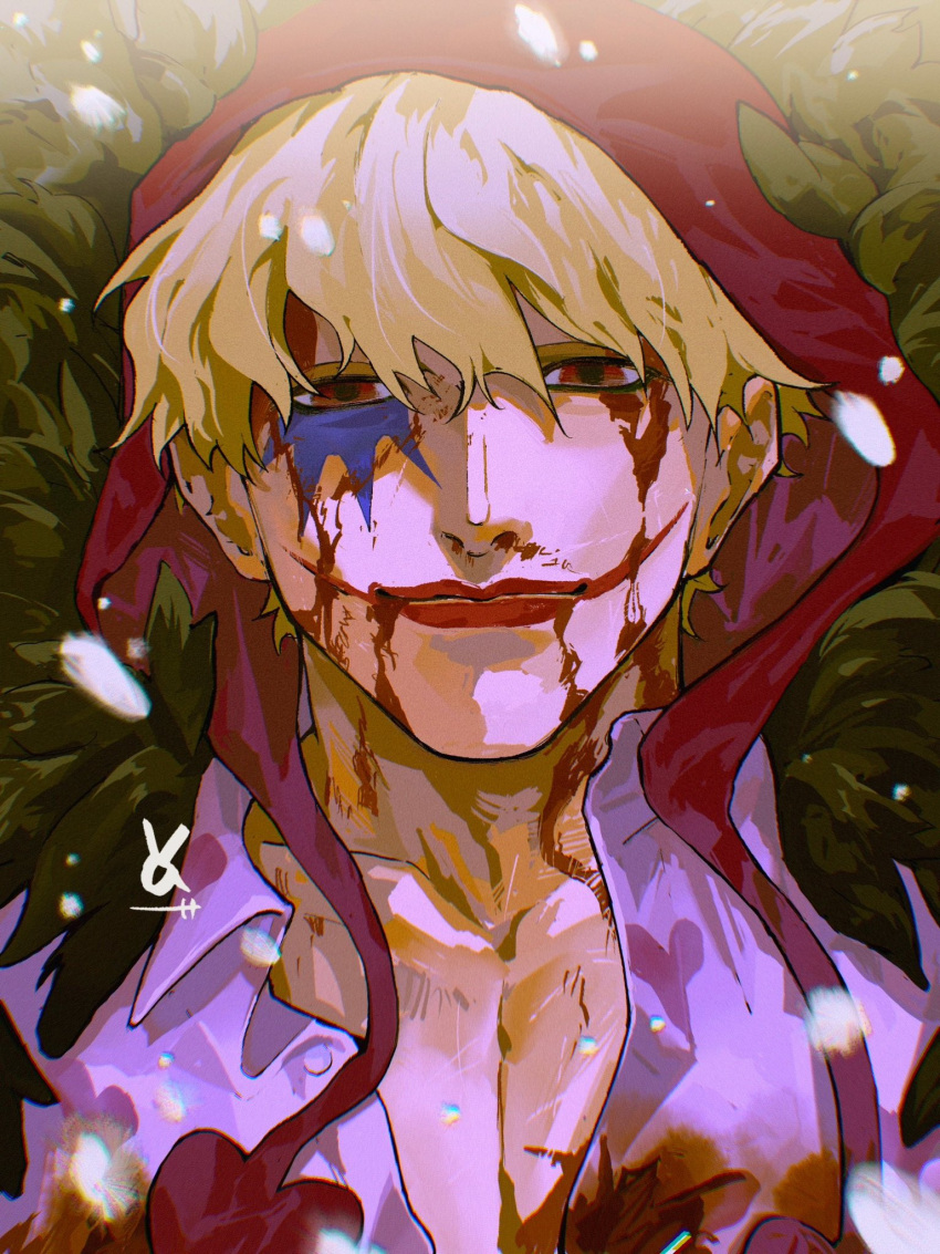 1boy bishounen blonde_hair blood blood_from_mouth blood_on_clothes blood_on_face coat donquixote_rocinante feather_coat fur_coat hat heart heart_print highres hood looking_at_viewer makeup male_focus one_piece red_eyes red_hood shirt smile solo vasan5555