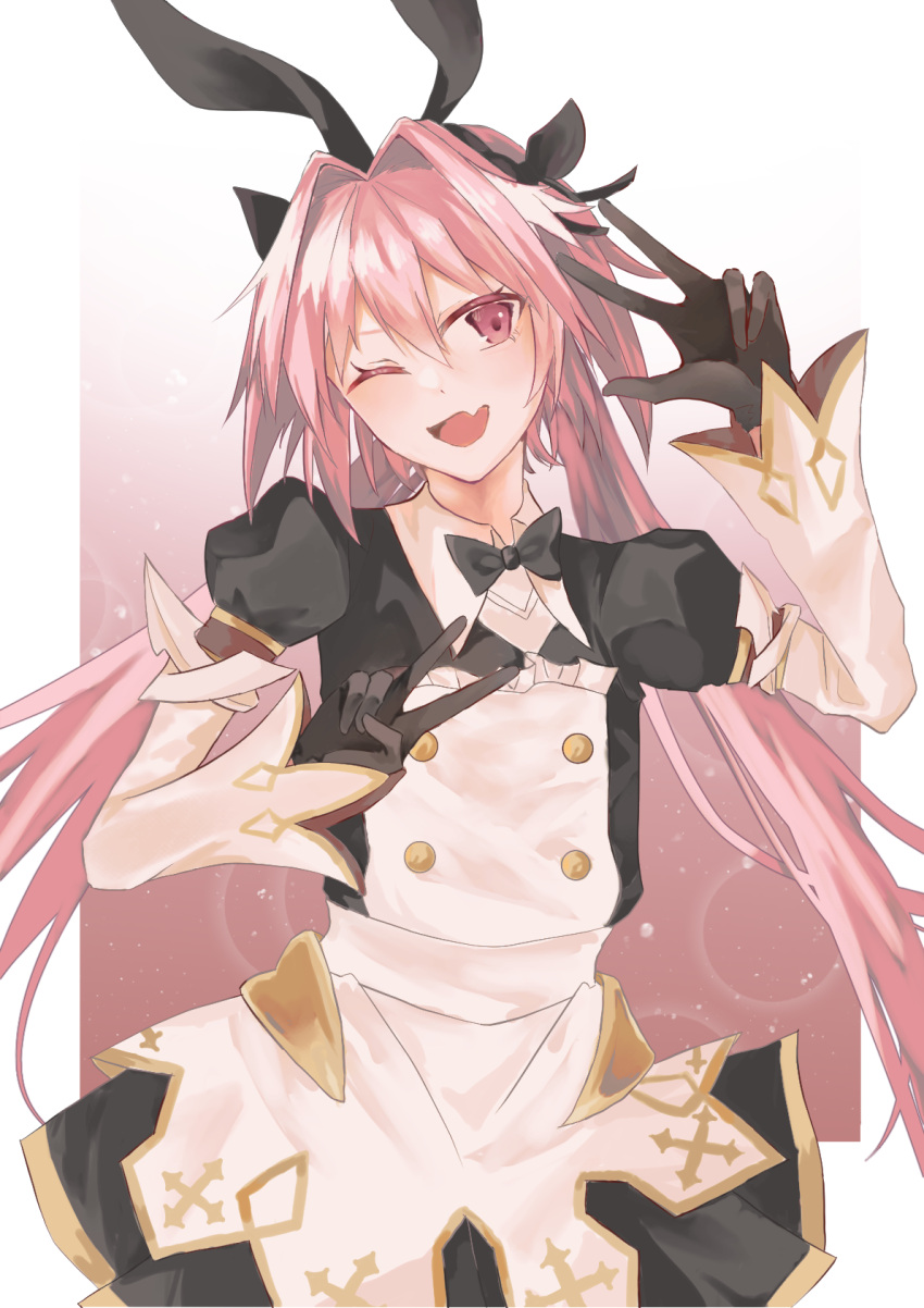 1boy animal_ears astolfo_(fate) astolfo_(saber)_(fate) astolfo_(saber)_(third_ascension)_(fate) black_bow black_gloves blush bow bowtie dress fake_animal_ears fang fate/apocrypha fate/grand_order fate_(series) gloves hair_bow hair_intakes highres long_hair long_sleeves male_focus multicolored_hair one_eye_closed open_mouth otoko_no_ko pink_hair rabbit_ears smile solo streaked_hair twintails v violet_eyes white_hair wing_collar ytk1