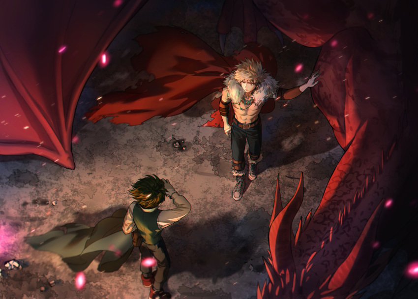 2boys 2nd_popularity_poll_(boku_no_hero_academia) abs alternate_universe arm_at_side bakugou_katsuki belt belt_buckle black_pants blonde_hair blue_pants blurry boku_no_hero_academia boots brown_belt buckle cape check_commentary chinese_commentary chromatic_aberration claws closed_mouth commentary commentary_request cross-laced_footwear depth_of_field detached_sleeves dragon embers expressionless eyes_visible_through_hair fantasy floating_cape floating_hair from_above fur-trimmed_boots fur-trimmed_cape fur_trim gloves green_cape green_hair green_vest grey_footwear hand_on_animal hand_up jewelry knee_boots knee_pads lace-up_boots light long_sleeves looking_at_another male_focus midoriya_izuku multiple_boys multiple_necklaces namarigenshi navel necklace no_nipples no_shirt official_alternate_costume outstretched_arm pants pocket pouch red_cape red_eyes red_footwear sanpaku shadow shirt short_hair sidelighting spiky_hair standing toned toned_male tooth_earrings tooth_necklace torn_cape torn_clothes triangle_print unworn_cape v-shaped_eyebrows vest western_dragon white_gloves white_shirt wind