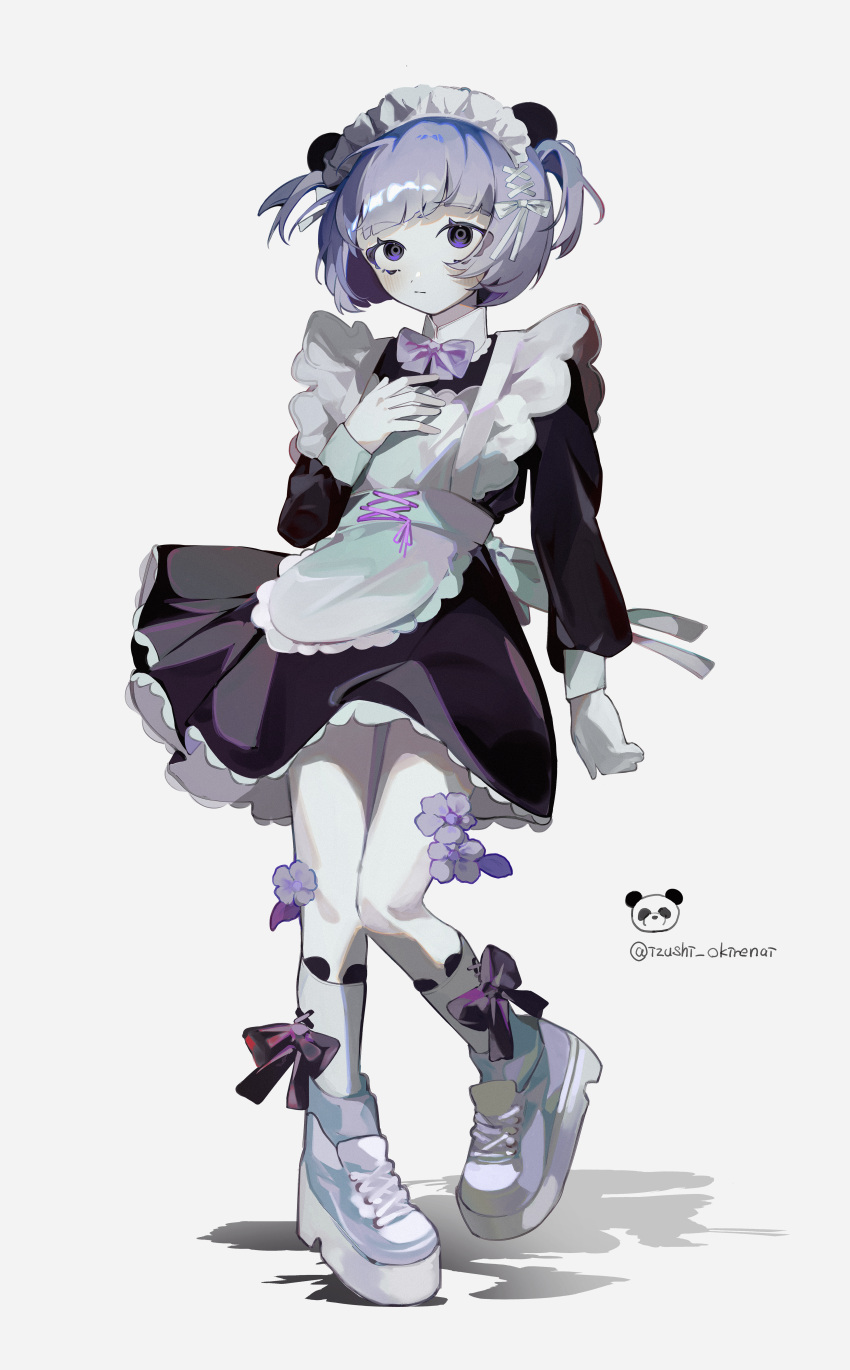 1girl absurdres animal_ears apron arm_at_side black_dress bow bow_legwear bowtie commentary dress fake_animal_ears flower frilled_apron frills frown full_body hand_on_own_chest highres looking_at_viewer maid maid_headdress original panda panda_ears purple_bow purple_bowtie purple_flower purple_hair shadow shoes simple_background sneakers socks solo symbol-only_commentary toasu twitter_username two_side_up violet_eyes white_apron white_background white_footwear white_socks