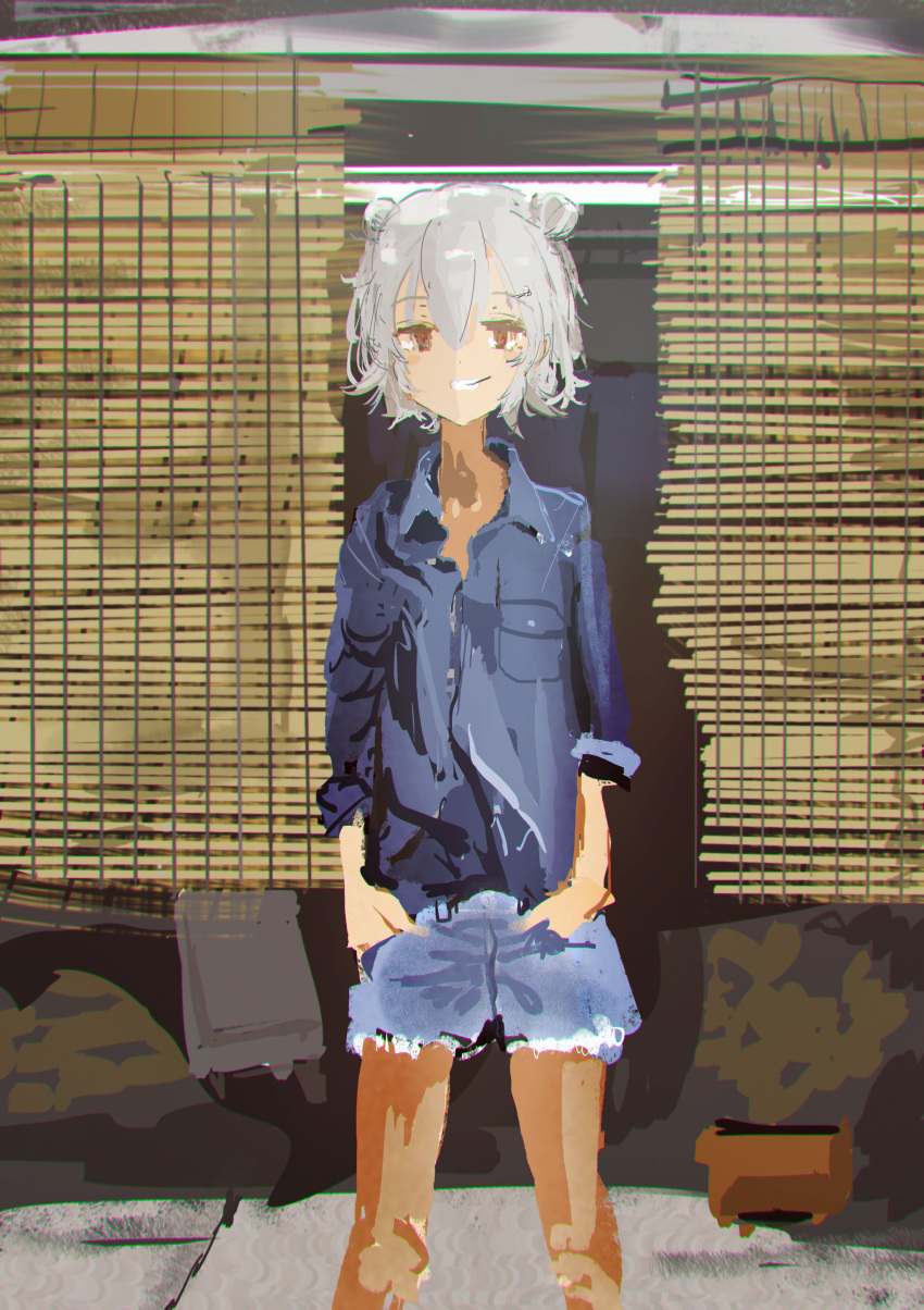 1girl absurdres alternate_costume bamboo_screen blue_shirt brown_eyes cevio collared_shirt commentary_request cutoffs denim denim_shorts double_bun dress_shirt feet_out_of_frame grey_hair grin hair_bun hair_ornament hairclip hands_in_pockets highres kabuyama_kaigi koharu_rikka legs_apart looking_at_viewer messy_hair mouth_hold shirt short_hair short_shorts shorts sleeves_rolled_up smile solo standing straight-on synthesizer_v toothpick