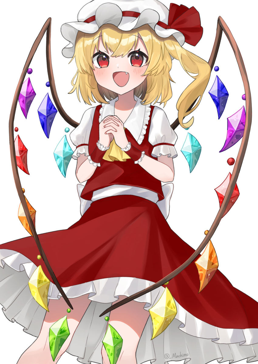 1girl ascot back_bow blonde_hair blush bow collared_shirt crystal fang feet_out_of_frame flandre_scarlet frilled_shirt_collar frilled_skirt frilled_sleeves frills hat hat_bow highres looking_at_viewer machimo mob_cap one_side_up own_hands_together puffy_short_sleeves puffy_sleeves red_bow red_eyes red_skirt red_vest shirt short_hair short_sleeves simple_background skirt skirt_set smile solo touhou vest white_background white_bow white_headwear white_shirt wings wrist_cuffs yellow_ascot