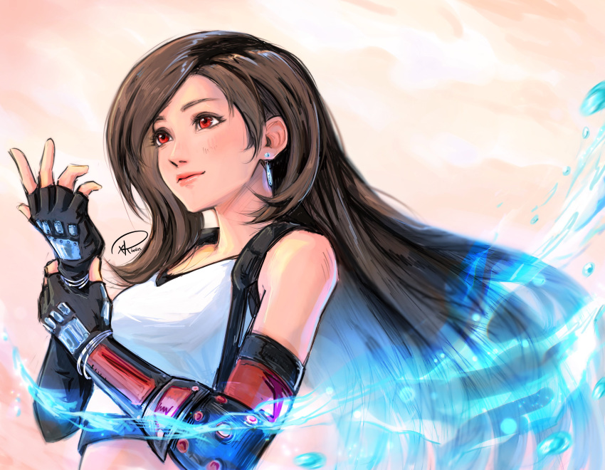1girl absurdres bare_shoulders black_gloves black_hair brown_hair closed_mouth commentary crop_top earrings elbow_gloves english_commentary final_fantasy final_fantasy_vii final_fantasy_vii_rebirth final_fantasy_vii_remake fingerless_gloves floating_hair gloves hand_on_own_arm hand_up highres jewelry light_particles lips long_hair midriff open_hand red_eyes signature single_arm_guard single_earring solo suspenders swept_bangs tank_top teardrop_earrings tifa_lockhart upper_body very_long_hair water white_tank_top xriviia