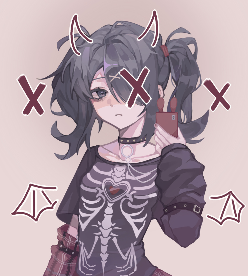 1girl ame-chan_(needy_girl_overdose) arm_warmers black_choker black_hair black_shirt choker closed_mouth drawn_horns drawn_wings grey_background grey_eyes hair_ornament hair_over_one_eye hand_up highres holding holding_phone long_hair looking_at_viewer needy_girl_overdose o-ring o-ring_choker official_alternate_costume phone qaz_(qa31281914) selfie shirt short_sleeves simple_background skeleton_print solo t-shirt taking_picture twintails upper_body x_hair_ornament