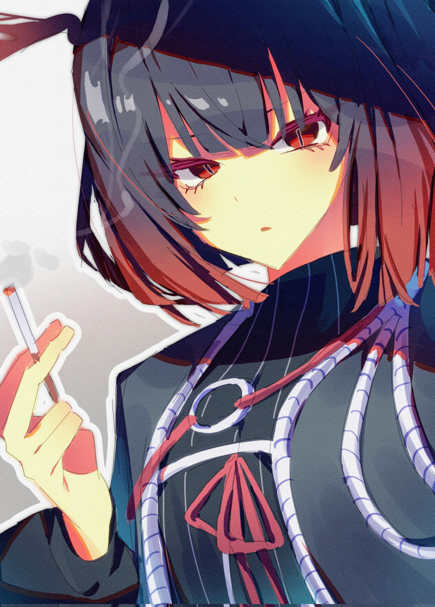 1girl black_coat black_dress black_hair blush cigarette coat dress e.g.o_(project_moon) gradient_hair hand_up highres holding holding_cigarette limbus_company long_sleeves looking_at_viewer mamono03 multicolored_hair parted_lips project_moon red_eyes red_ribbon redhead ribbon ryoshu_(project_moon) short_hair smoke solo upper_body