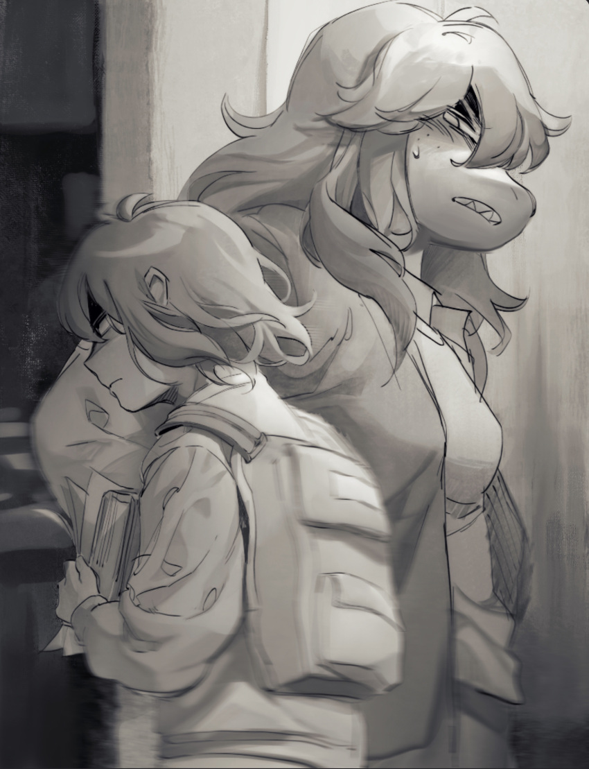 1girl 1other absurdres androgynous annoyed backpack bag clenched_teeth deltarune dule_(anhaidule) from_side frown furry furry_female greyscale hair_between_eyes highres holding holding_paper indoors jacket kris_(deltarune) looking_at_another medium_hair monochrome open_clothes open_jacket paper profile shaded_face sharp_teeth shirt short_hair sideways_mouth susie_(deltarune) sweatdrop teeth walking