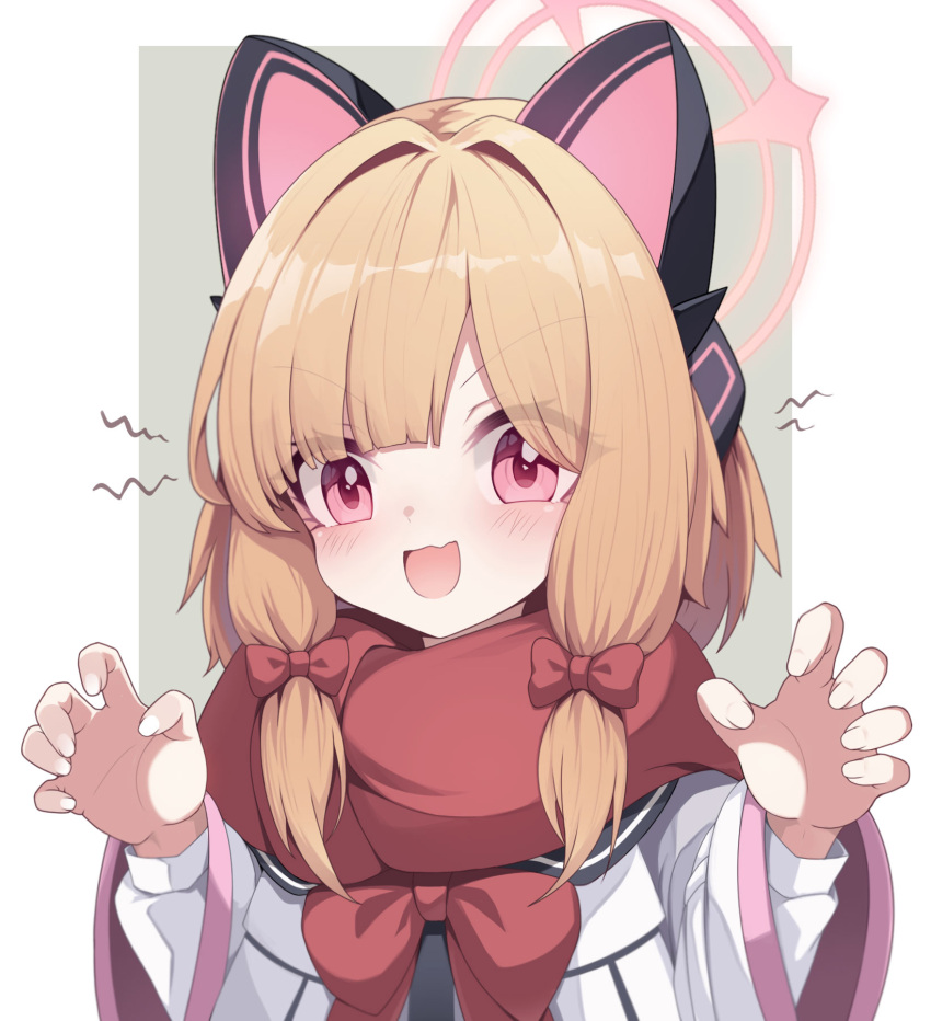 1girl animal_ear_headphones animal_ears blonde_hair blue_archive blush bow fake_animal_ears fuyu_no_usagi hair_bow halo headphones highres jacket long_sleeves looking_at_viewer momoi_(blue_archive) open_mouth pink_halo red_bow red_eyes red_scarf scarf short_hair smile solo upper_body white_jacket wide_sleeves