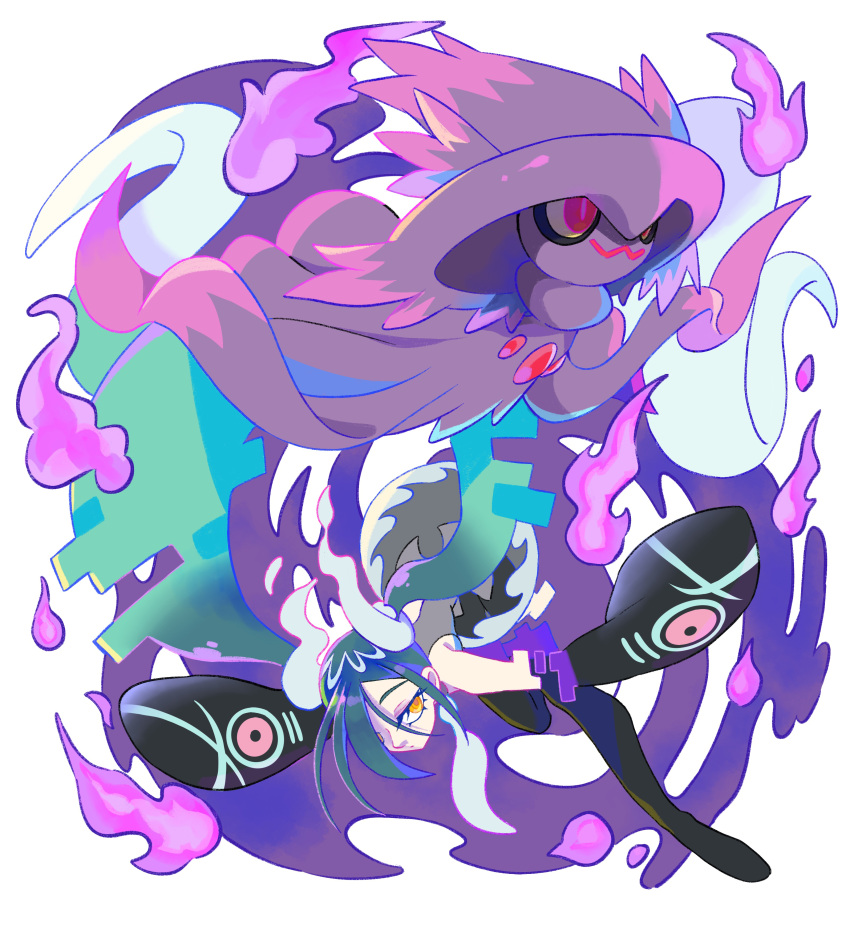 1girl absurdres aqua_hair black_thighhighs commentary detached_sleeves floating ghost ghost_miku_(project_voltage) glitch gradient_hair grey_shirt hair_over_one_eye hatsune_miku highres long_hair mismagius multicolored_hair necktie oe_(yamifuti) pokemon pokemon_(creature) project_voltage red_eyes shirt skirt sleeves_past_fingers sleeves_past_wrists thigh-highs twintails very_long_hair vocaloid will-o'-the-wisp_(mythology) yellow_eyes