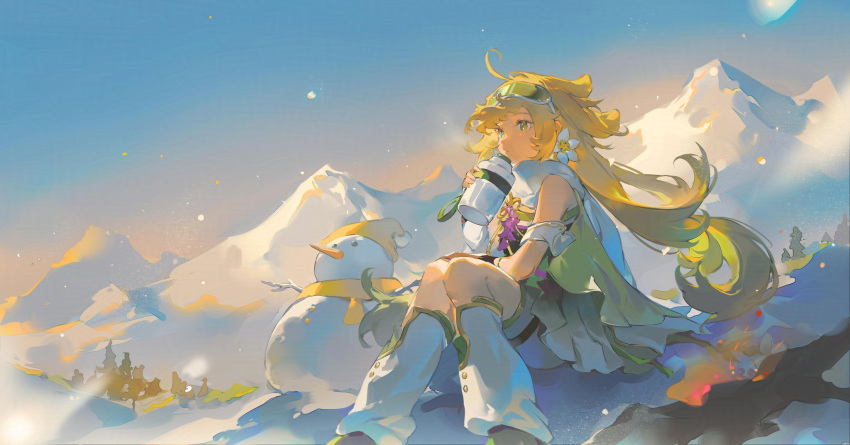 1girl ahoge blonde_hair bottle character_request dot_mouth flower goggles goggles_on_head hair_flower hair_ornament highres holding holding_bottle landscape long_hair mountain negative_space scenery sitting sky sleeveless snowing snowman solo winter wuthering_waves yellow_eyes yunouou10