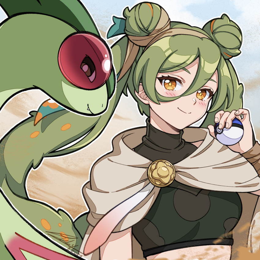 1girl blue_sky breasts cloak closed_mouth clouds colored_skin commentary_request crop_top double_bun eyelashes fang flygon great_ball green_hair green_skin ground_miku_(project_voltage) hair_between_eyes hair_bun hatsune_miku highres holding holding_poke_ball long_hair medium_breasts orange_eyes poke_ball pokemon pokemon_(creature) project_voltage sky smile twintails upper_body vocaloid white_cloak zibysart