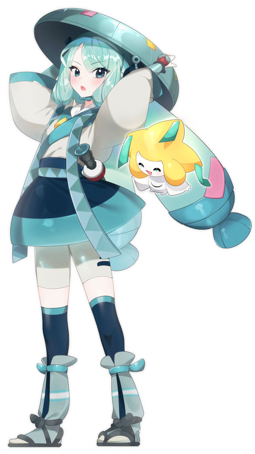1girl absurdres arms_up black_thighhighs blue_eyes blue_hair blush closed_eyes full_body hat hatsune_miku highres japanese_clothes jirachi k702193 looking_at_viewer official_alternate_costume open_mouth pokemon pokemon_(creature) project_voltage sandogasa simple_background socks steel_miku_(project_voltage) tabi thigh-highs twintails vocaloid white_background zouri