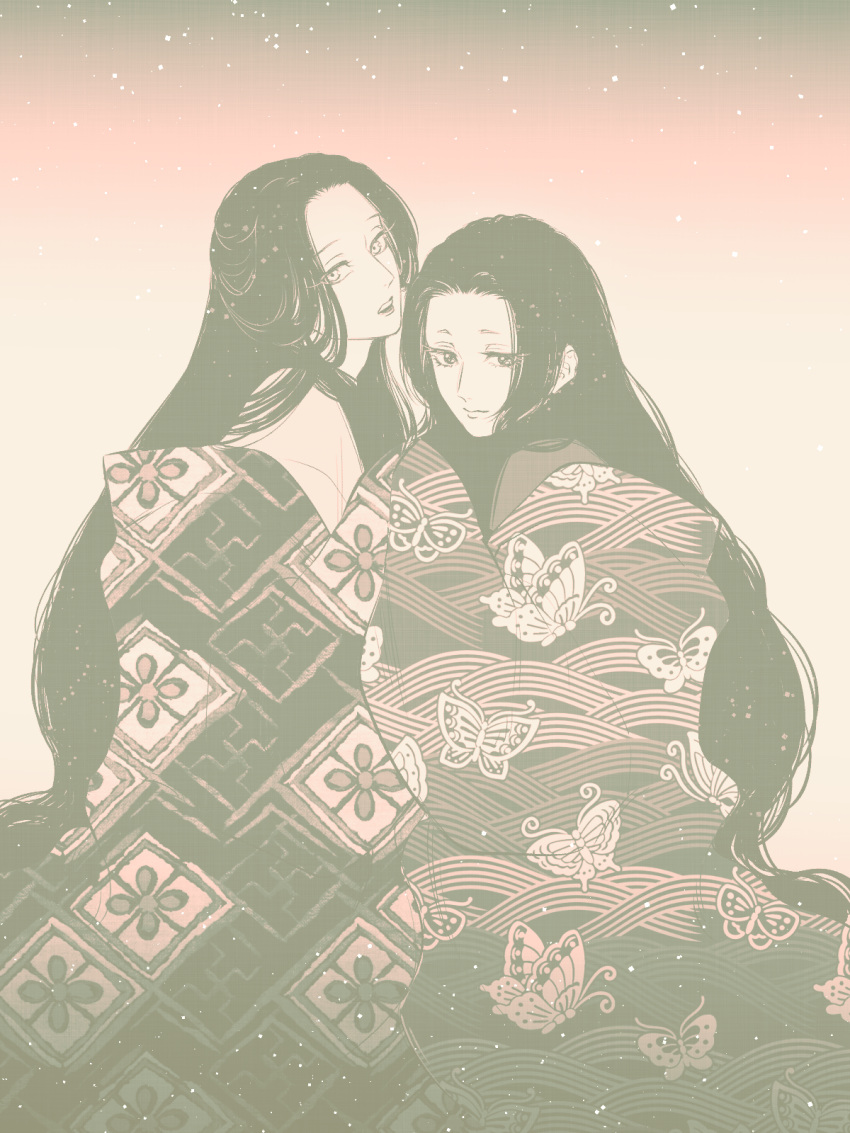 2girls animal_print butterfly_print character_request closed_mouth eyelashes gradient_background highres japanese_clothes kimono layered_clothes layered_kimono light_particles long_hair long_sleeves looking_at_viewer monochrome multiple_girls nobunaga_concerto off_shoulder parted_bangs parted_lips print_kimono sleeves_past_fingers sleeves_past_wrists unmoving_pattern urup_zzz very_long_hair wide_sleeves