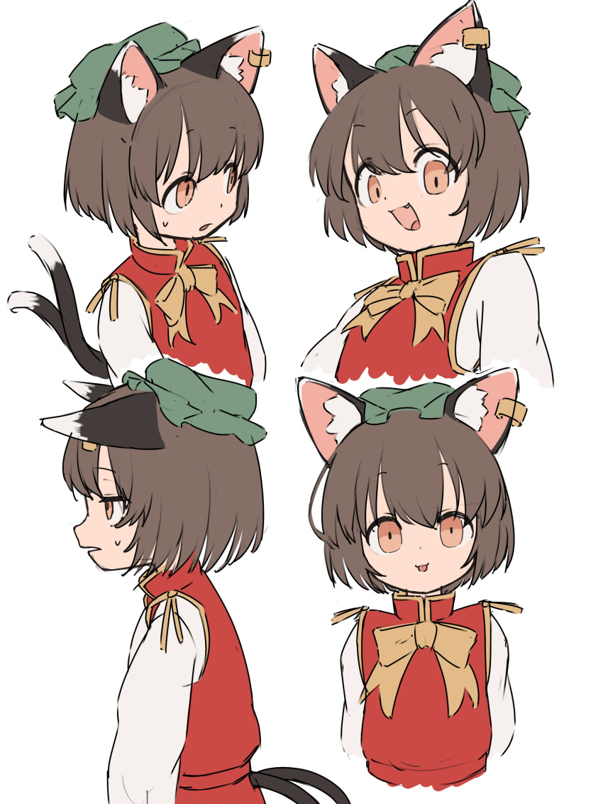1girl :d absurdres animal_ear_fluff animal_ear_piercing animal_ears asakura_haru bow bowtie brown_eyes brown_hair cat_ears cat_tail chen commentary_request cropped_torso earrings fang flat_chest from_side green_headwear hat highres jewelry long_sleeves looking_at_viewer mob_cap multiple_tails multiple_views nekomata open_mouth orange_bow orange_bowtie parted_lips profile puffy_long_sleeves puffy_sleeves red_vest short_hair simple_background single_earring smile sweat tail touhou two_tails upper_body v-shaped_eyebrows vest white_background