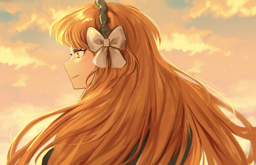 1girl bow brown_hairband closed_mouth clouds hair_bow hairband highres ishmael_(project_moon) limbus_company long_hair looking_to_the_side na-gyou_(nunumaru) orange_eyes orange_hair portrait project_moon rope smile solo sunset very_long_hair white_bow