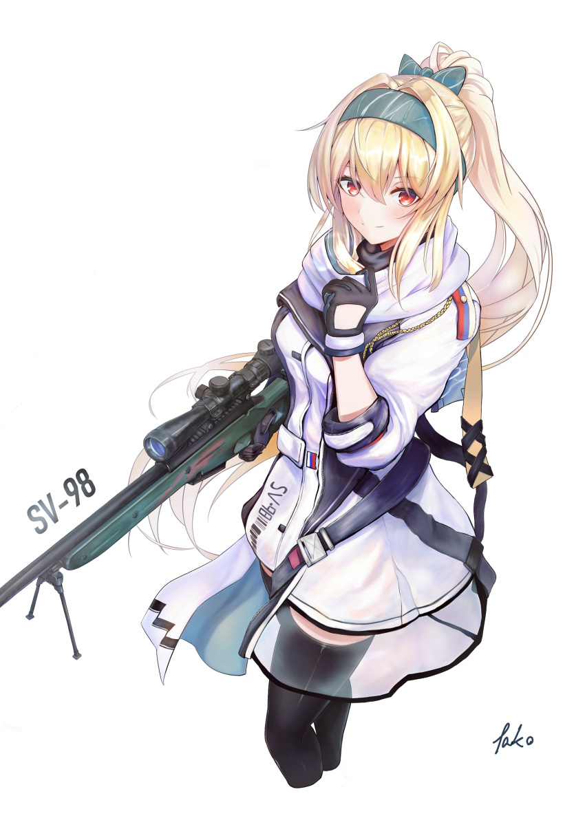 1girl absurdres artist_name black_gloves blonde_hair bolt_action bow closed_mouth double-parted_bangs english_text girls_frontline gloves green_bow green_hairband gun hair_between_eyes hair_bow hairband highres holding holding_clothes holding_gun holding_scarf holding_weapon jacket long_hair looking_at_viewer ponytail red_eyes rifle russian_flag scarf scope smile sniper_rifle solo sv-98 sv-98_(girls'_frontline) tako_pipe very_long_hair weapon weapon_name white_jacket white_scarf