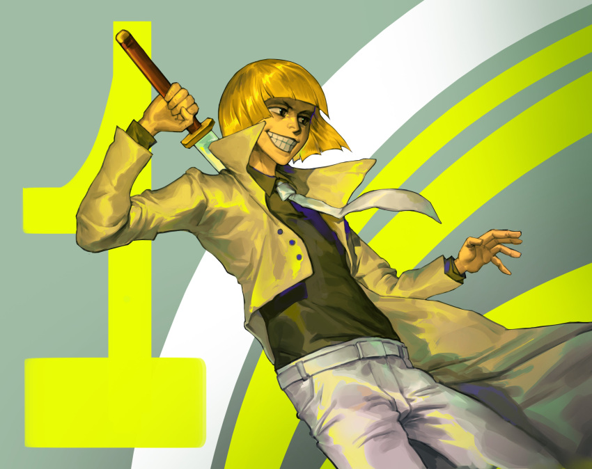 1boy absurdres belt black_eyes black_shirt bleach blonde_hair blunt_bangs bob_cut buttons coat collared_shirt cowboy_shot floating from_side grin hand_up hieumay highres hirako_shinji holding holding_sword holding_weapon leaning_back looking_to_the_side male_focus necktie open_hand pants popped_collar shinigami shirt short_hair smile solo sword sword_behind_back weapon white_belt white_necktie white_pants yellow_theme zanpakutou