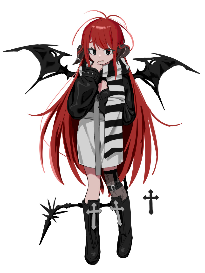 1girl absurdres black_coat black_eyes black_footwear black_tail black_wings boots coat cowlick cross demon_wings facing_viewer full_body hand_on_own_chest hand_on_own_chin hands_up highres horn_ornament horns hyow knees_together_feet_apart latin_cross long_hair long_sleeves looking_at_viewer multicolored_coat original oversized_clothes redhead scarf sharp_teeth sidelocks single_thighhigh solo striped_scarf tail teeth thigh-highs thigh_strap very_long_hair white_coat wings