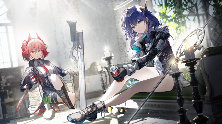 2girls absurdres arknights bare_legs black_footwear black_gloves black_jacket black_shirt blue_eyes blue_hair boots breasts can candle chair chest_of_drawers commentary couch crossed_legs demon_horns feather_hair fiammetta_(arknights) frown full_body fur-trimmed_jacket fur_trim gloves halo highres holding holding_can horns indoors jacket knee_boots kuren_kren long_hair long_sleeves looking_at_viewer medium_breasts mostima_(arknights) multiple_girls necktie plant red_eyes red_necktie redhead shirt short_hair sitting smile staff thigh_strap white_shirt window