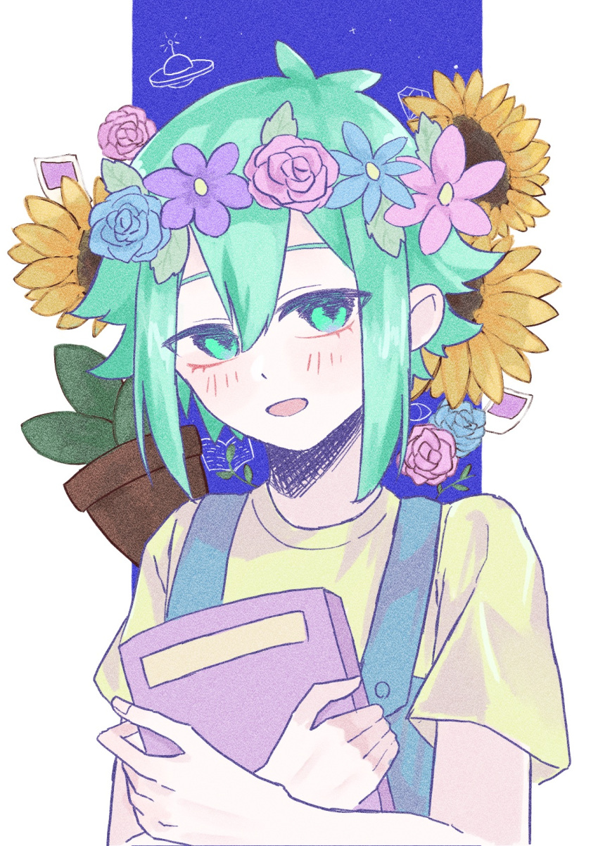 1boy basil_(headspace)_(omori) basil_(omori) blue_flower blue_overalls blue_rose blush book flower flower_wreath flying_saucer gem_(symbol) green_eyes green_hair hair_ornament head_wreath highres holding holding_book looking_at_viewer male_focus omori open_mouth overalls plant potted_plant red_flower red_rose rose shirt short_hair short_sleeves smile solo spacecraft sunflower t-shirt yellow_shirt ytk1