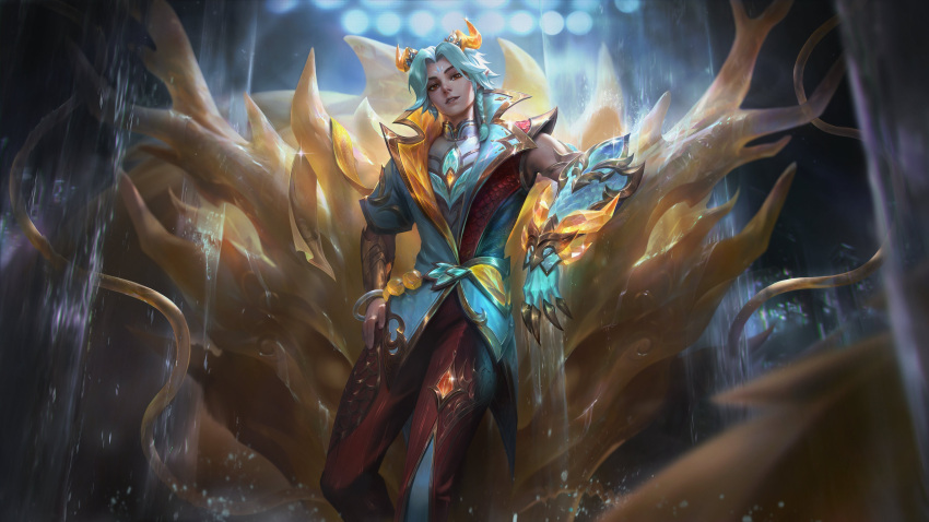 1boy absurdres aqua_hair braid brown_eyes cowboy_shot dragon_horns english_commentary ezreal facial_mark fingernails forehead_mark hand_on_own_hip highres horns league_of_legends light looking_at_viewer male_focus medium_hair official_alternate_costume official_alternate_hairstyle official_art parted_bangs pointy_ears prestige_heavenscale_ezreal side_braid smile solo standing water