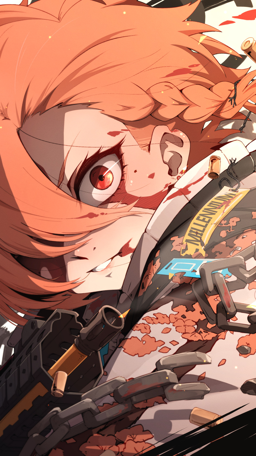 1girl absurdres blood blood_on_face blue_archive braid bullet chain gun halo highres if_f jacket looking_at_viewer neru_(blue_archive) open_mouth red_eyes redhead short_hair single_braid solo sukajan upper_body weapon