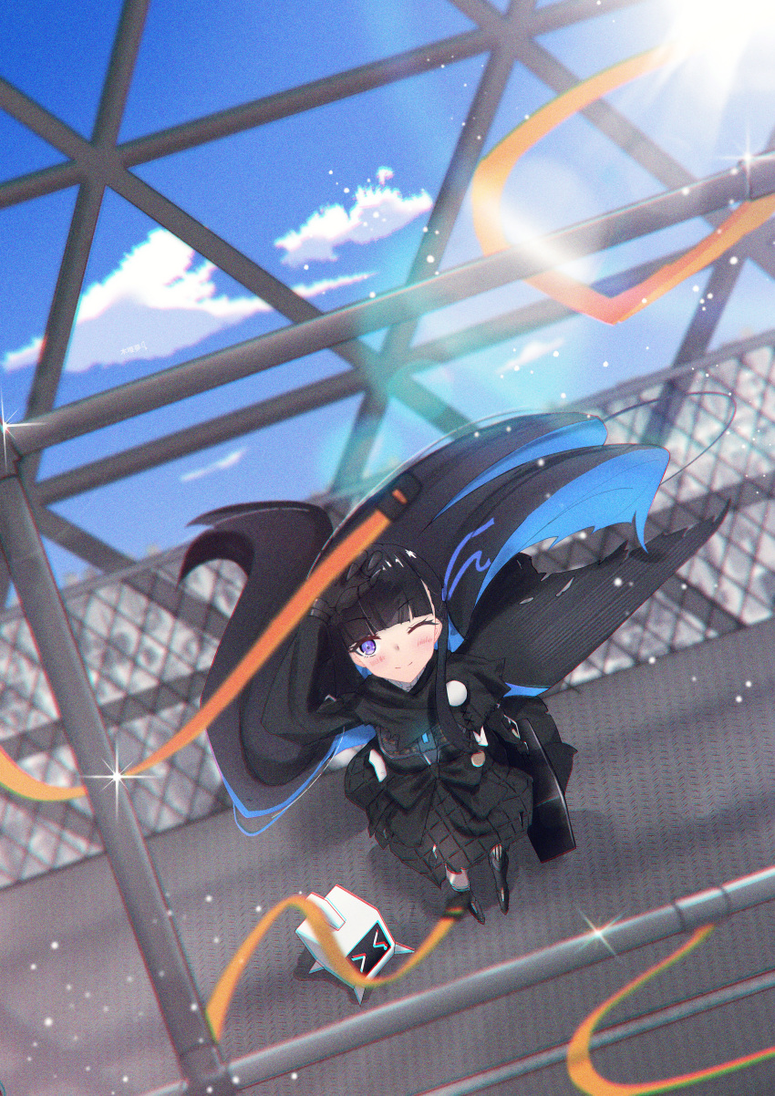 &gt;_&lt; 1girl 1other absurdres black_dress black_hair blue_hair bob_cut clouds colored_inner_hair dress highres instrument_case long_hair long_sleeves looking_at_viewer looking_up mechanical_hands mechanical_legs multicolored_hair non-humanoid_robot one_eye_closed punishing:_gray_raven puyuyan robot selena:_tempest_(punishing:_gray_raven) selena_(punishing:_gray_raven) single_mechanical_leg sky very_long_hair violet_eyes