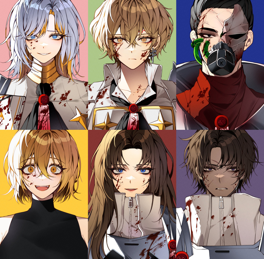 3boys 3girls absurdres armor ascot black_ascot black_eyes black_hair black_shirt blonde_hair blood blood_on_clothes blood_on_face broken_mask brooch brown_hair cherry_oux colored_inner_hair don_quixote_(project_moon) earrings faust_(project_moon) heathcliff_(project_moon) highres jacket jewelry limbus_company mask medium_hair meursault_(project_moon) multicolored_hair multiple_boys multiple_girls open_mouth pauldrons project_moon respirator rodion_(project_moon) shirt short_hair shoulder_armor sinclair_(project_moon) sleeveless sleeveless_shirt smile streaked_hair talisman wax_seal white_hair white_jacket yellow_eyes zipper