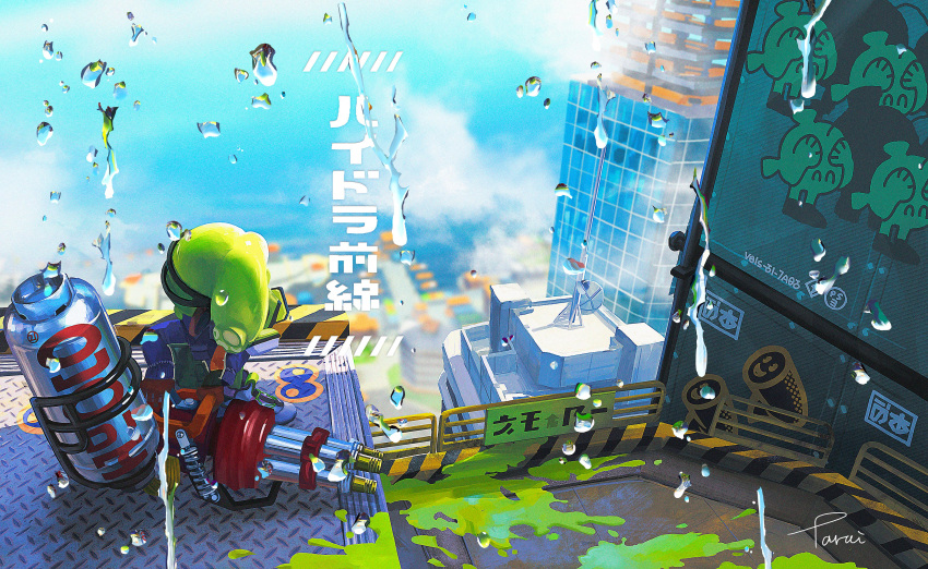 1other absurdres blue_sky blurry blurry_background building clouds commentary_request gas_mask green_hair highres holding holding_weapon hydra_splatling_(splatoon) inkling_(language) long_hair mask octoling paint rain satellite_dish signature sky skyscraper splatoon_(series) splatoon_3 standing sticker tarai_(silica5) tentacle_hair weapon